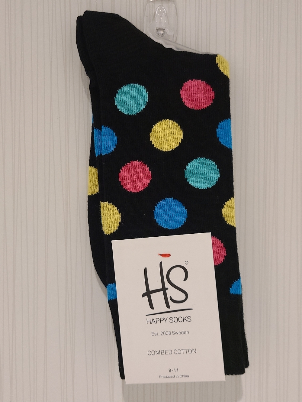 Happy Socks Black Crew Socks with Pink, Yellow, Blue & Teal Polka Dots For Women